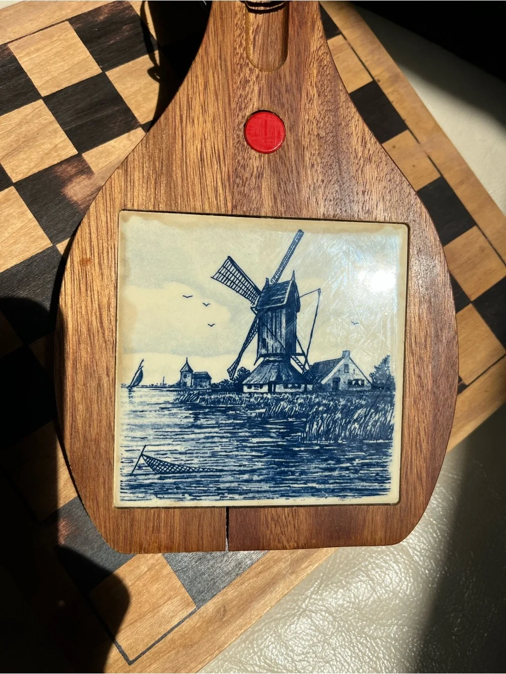 Vintage Wood Cheese Board- Wall Hanging with Delft-Style Tile